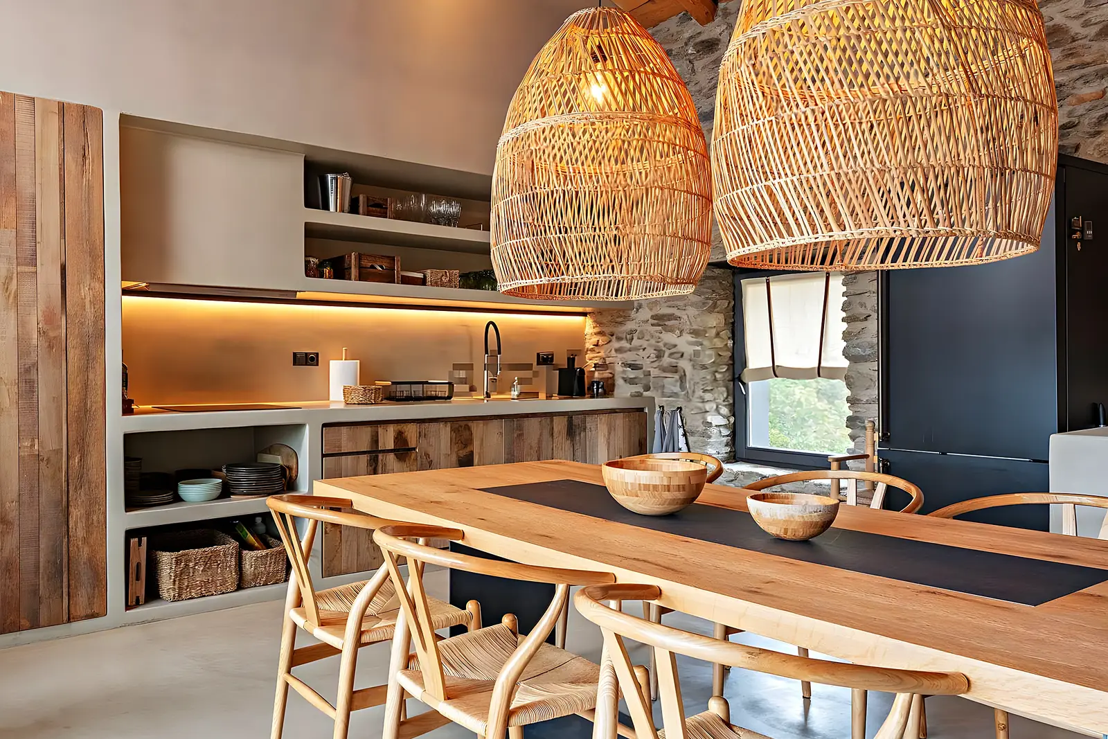 Dining room with a wooden table, wicker pendant lamps and a stone wall, an interior design project in Vilanova