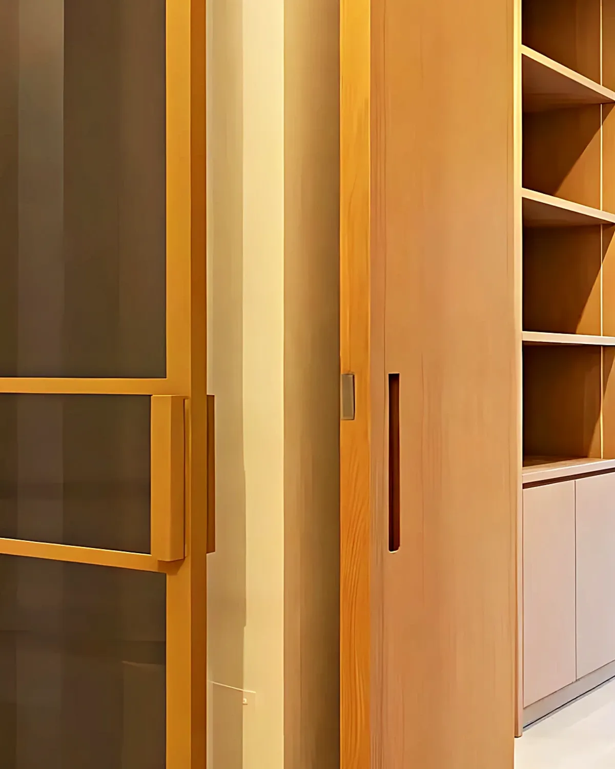 Brass-framed glass partition and fitted bookcase in an interior design project in Vilanova i la Geltrú