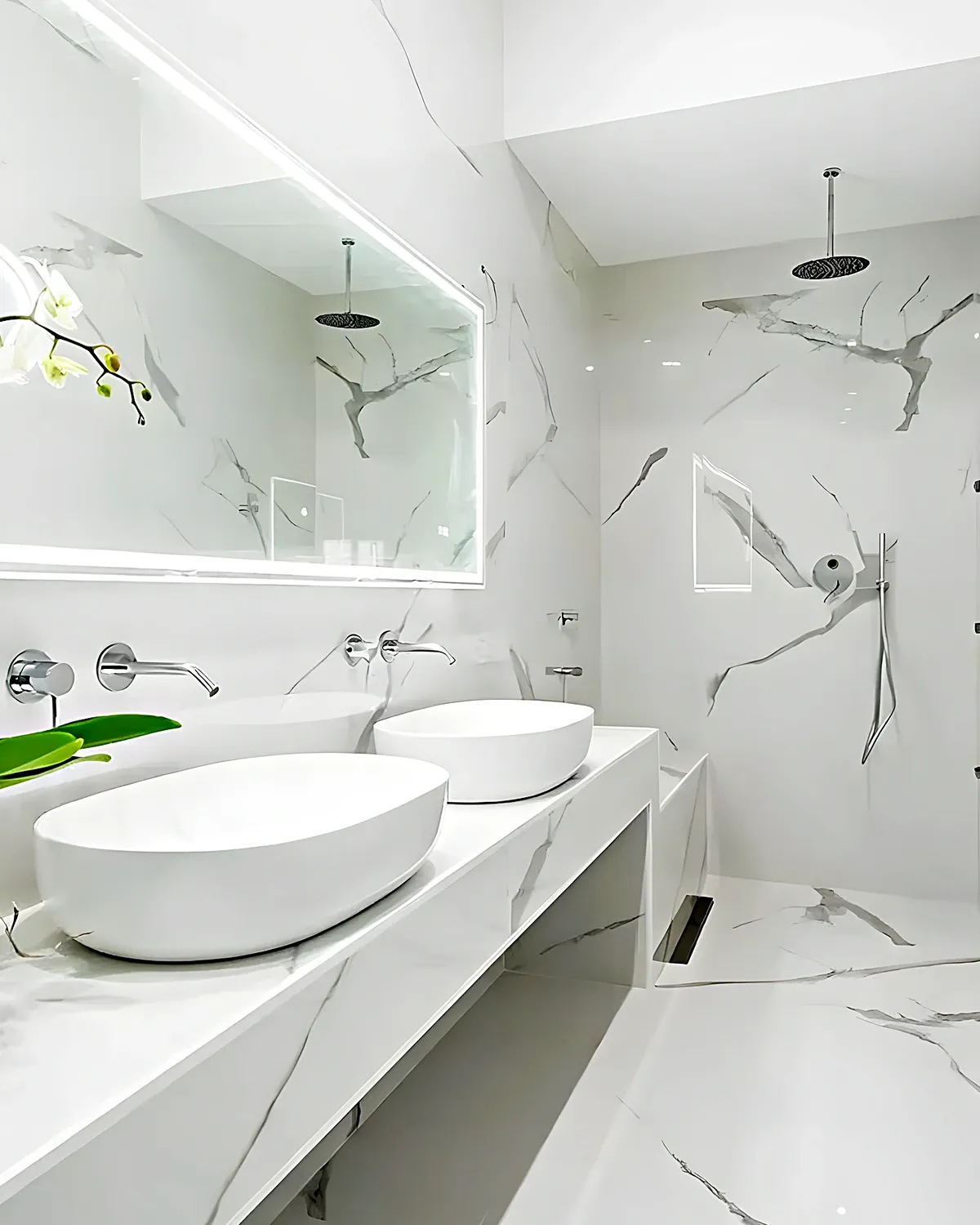 Bathroom with double basin on calacatta marble and a glazed shower in a Ribes Roges house, Vilanova